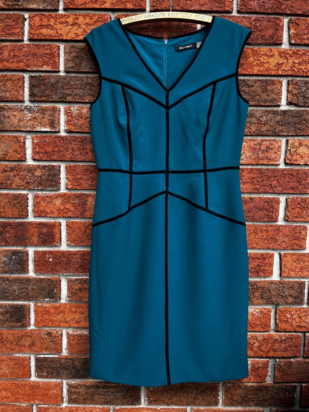 Ellen Tracy Teal and Black Geometrical Midi Sheath Dress